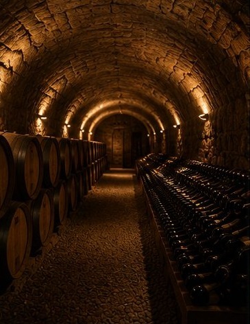 Cave voûtée en pierre avec bouteilles alignées