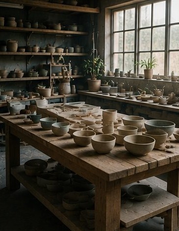 Atelier de potier avec pièces en cours de séchage