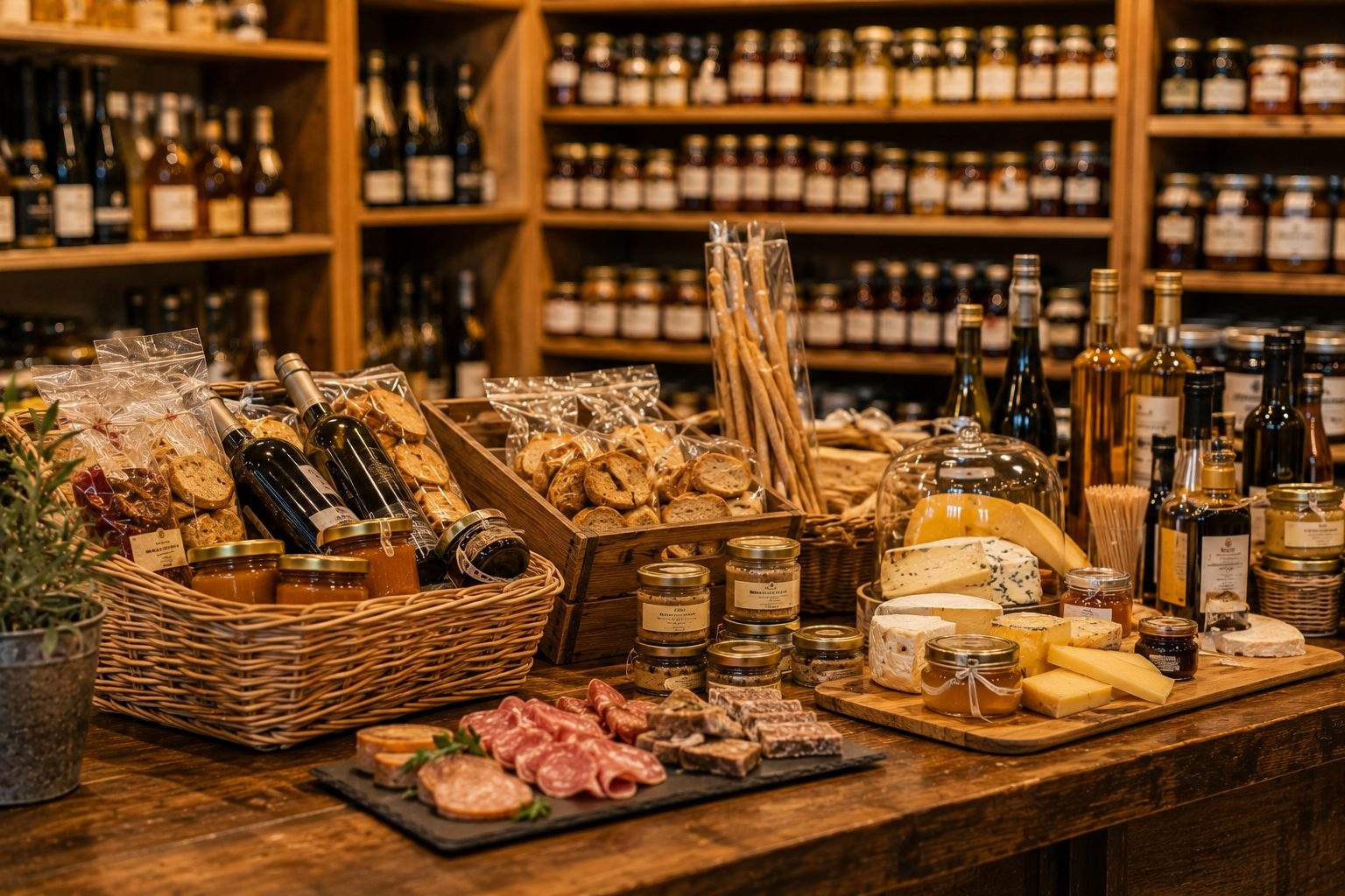Intérieur de l'épicerie fine, produits soigneusement présentés