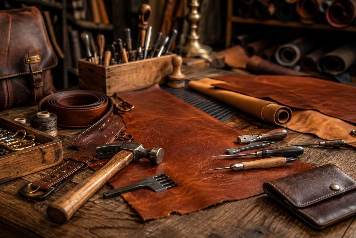 Atelier de maroquinerie artisanale, cuir et outils sur établi bois