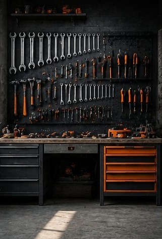 Atelier professionnel avec outils rangés sur mur