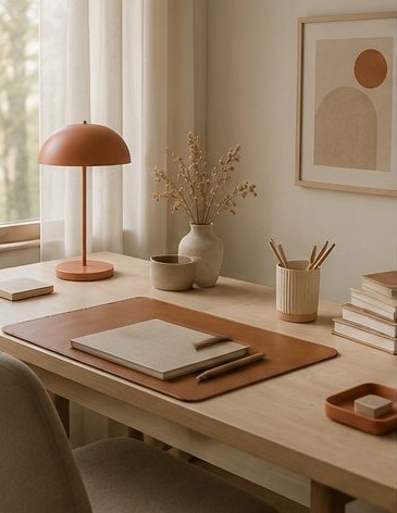 Bureau minimaliste avec papeterie soignée